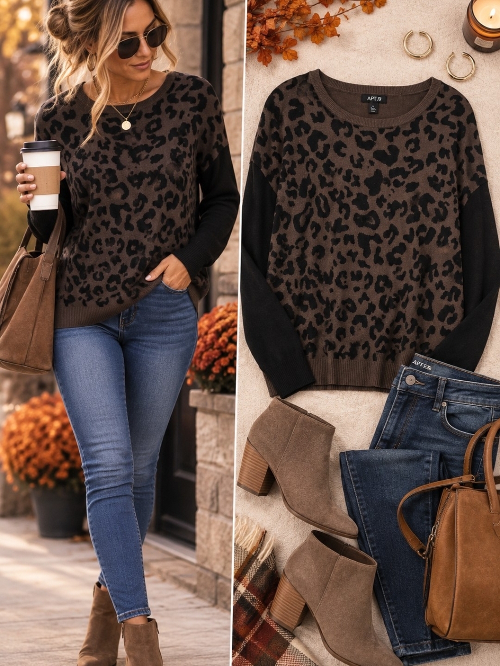 APT. 9 Leopard Print Sweater Brown Black Animal Print Knit L Soft Cozy Fall